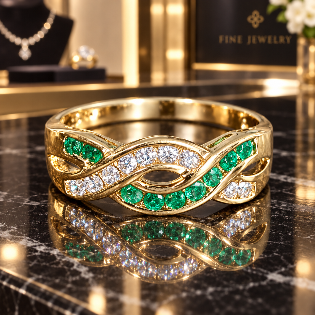 Sterling Silver Vermeil Emerald and Moissanite Ring