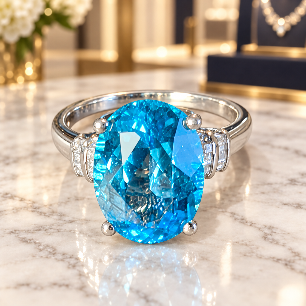 Sterling Silver Blue Topaz and Diamond Ring