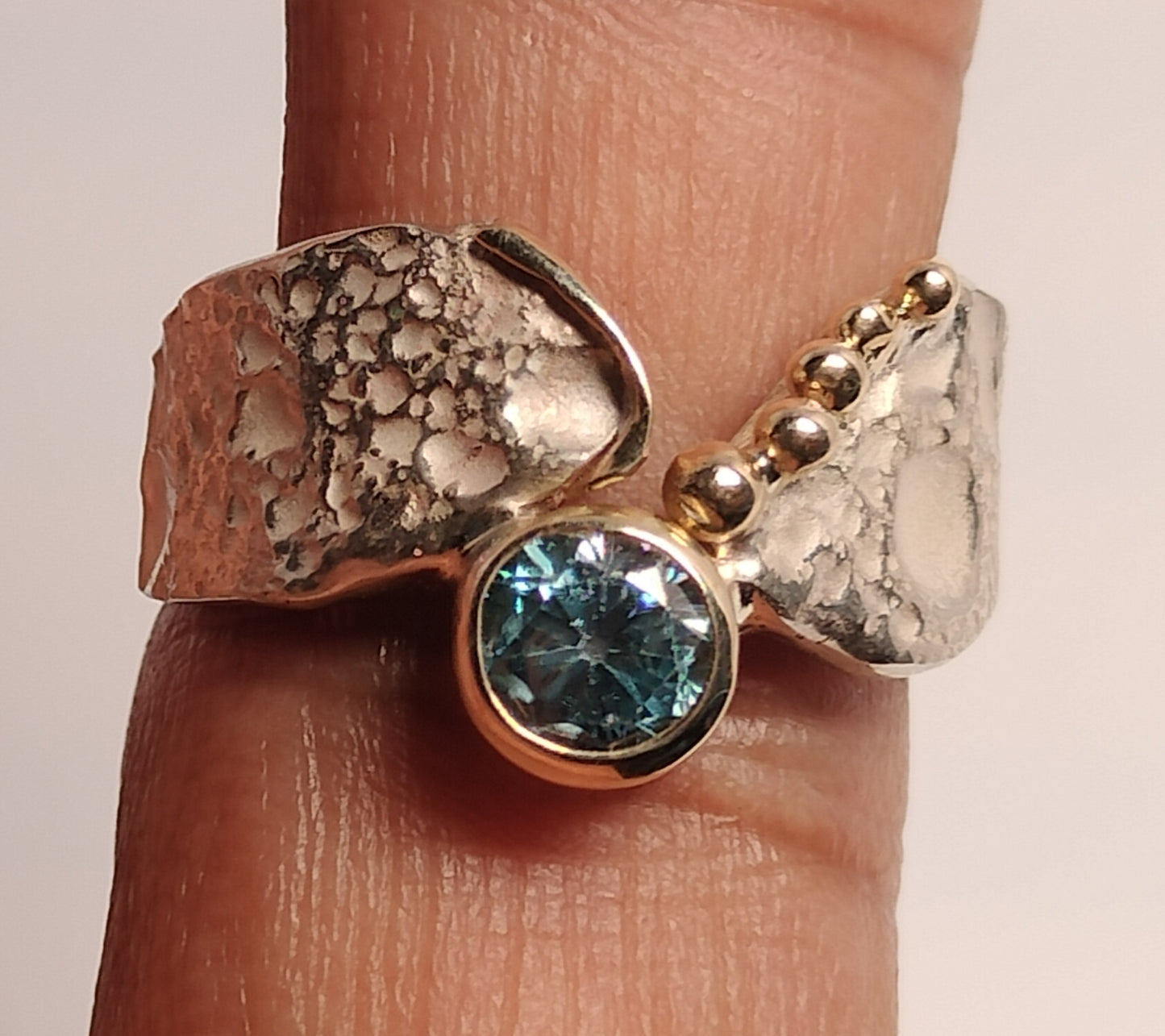 Sterling Silver and 14k Gold Blue Zircon Ring