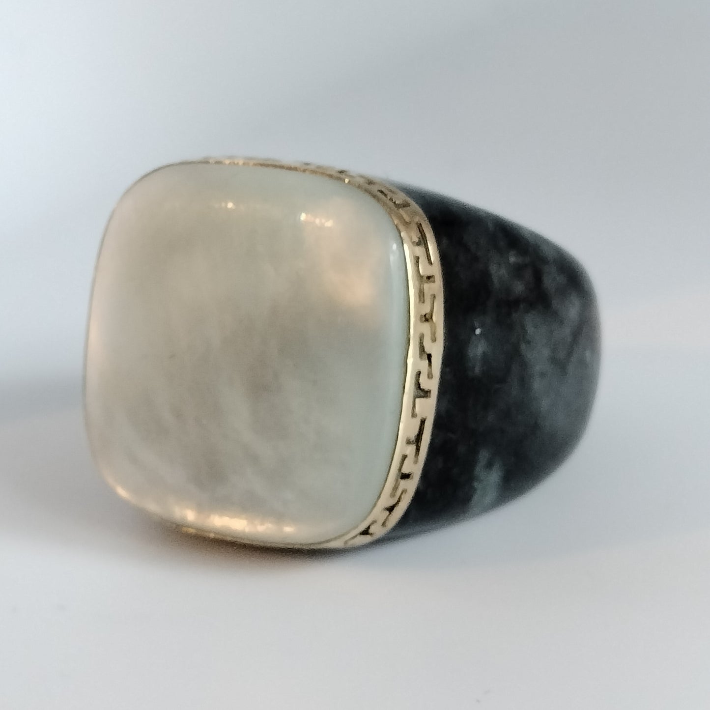 Large Black Jade Mother Of Pearl 14k Gold Greek Key Ring