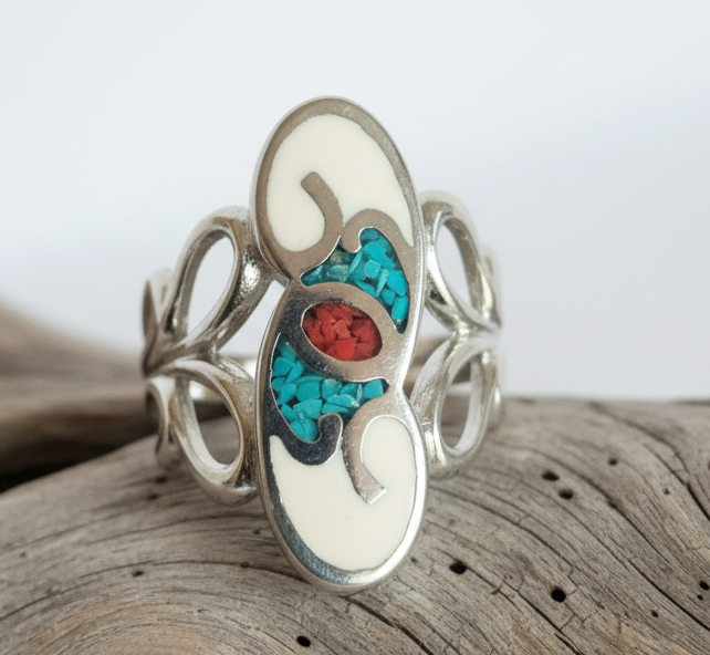 Sterling Silver Coral, Turquoise and Enamel Ring