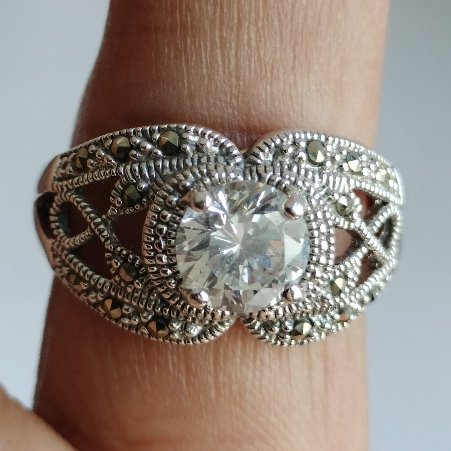 Sterling Silver Cubic Zirconia and Marcasite Ring