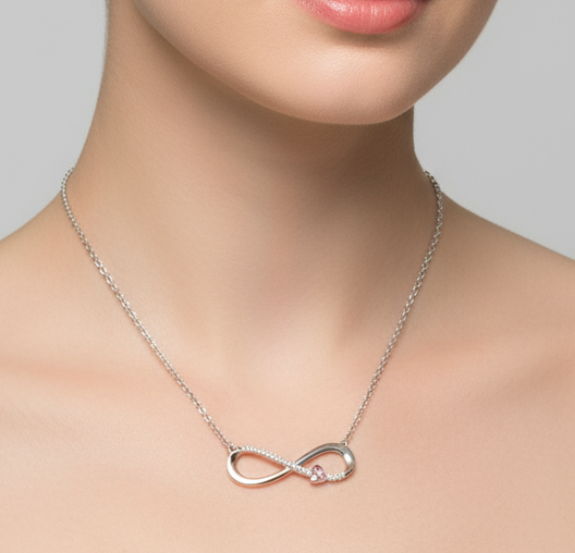 Sterling silver Diamond Infinity Pendant with 10k Rose Gold Heart and Silver Chain