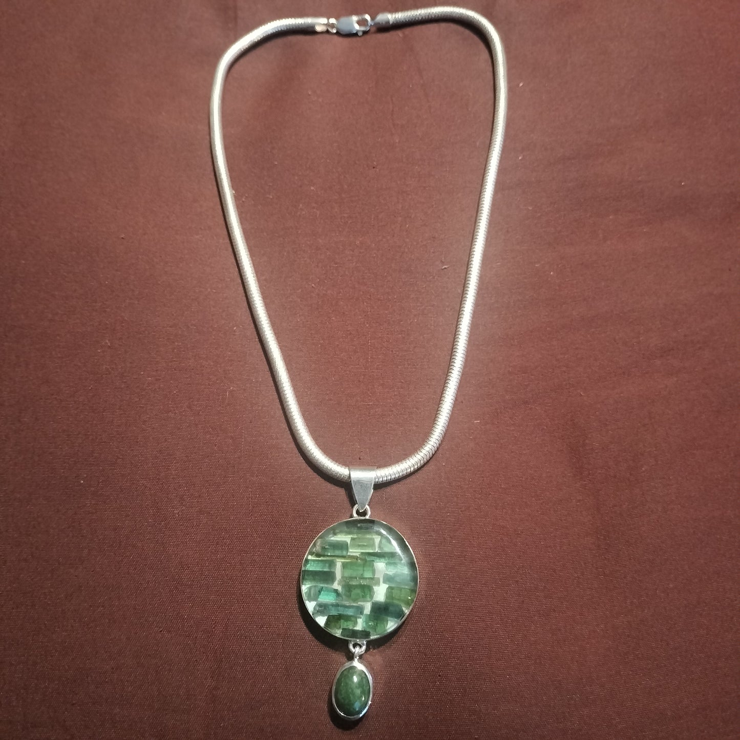 Natural Tourmaline Crystal in Resin with Jade Cabochon Pendant and Chain