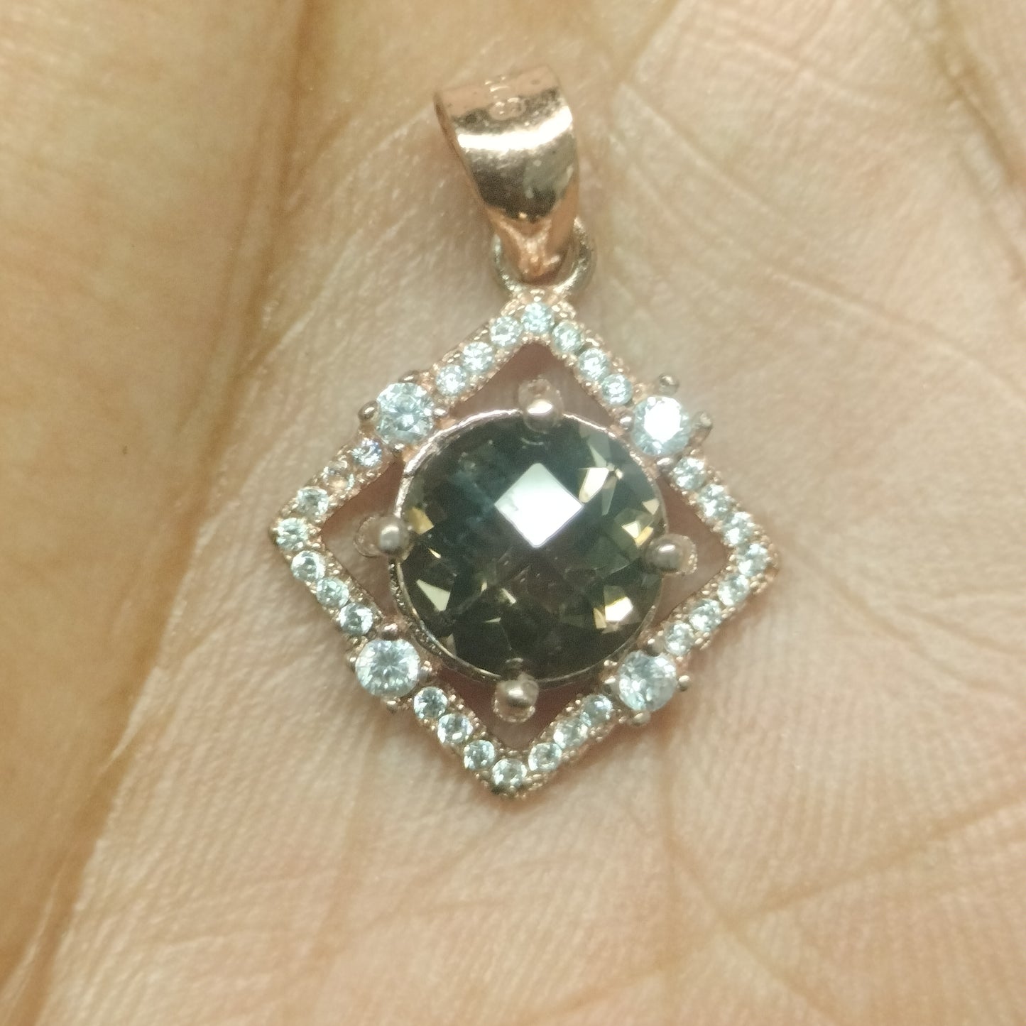 Rose Plated Sterling Silver Smokey Quartz and Cubic Zirconia Pendant