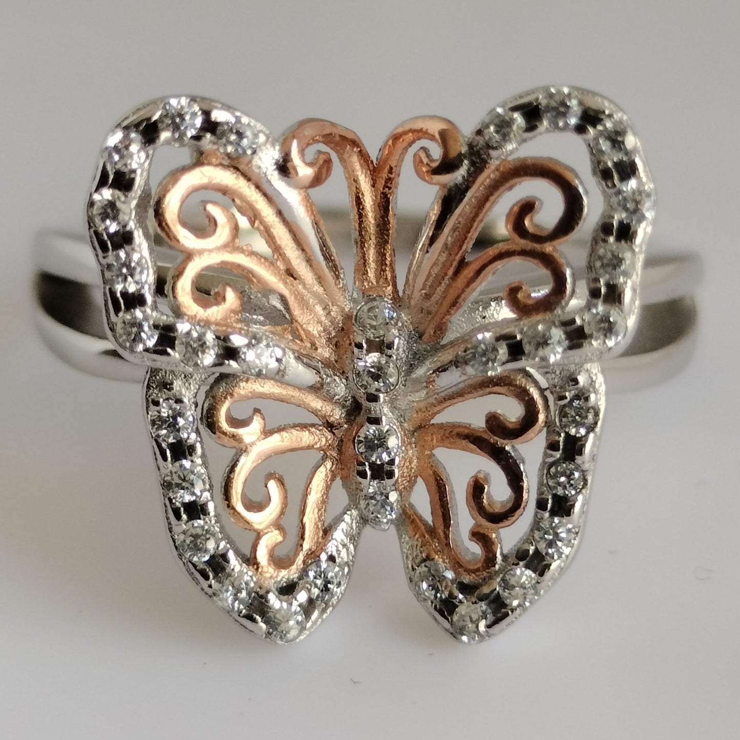 Sterling Silver Rose Plated Cubic Zirconia Butterfly Ring