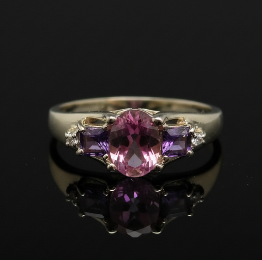 10k Gold Pink Tourmaline Amethyst Diamond Ring