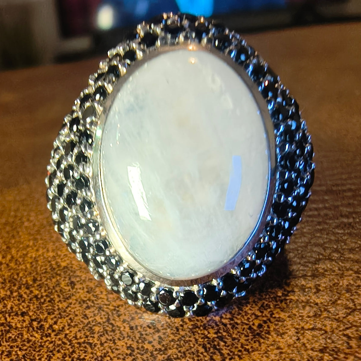 Sterling Silver Moonstone and Black Spinel Ring