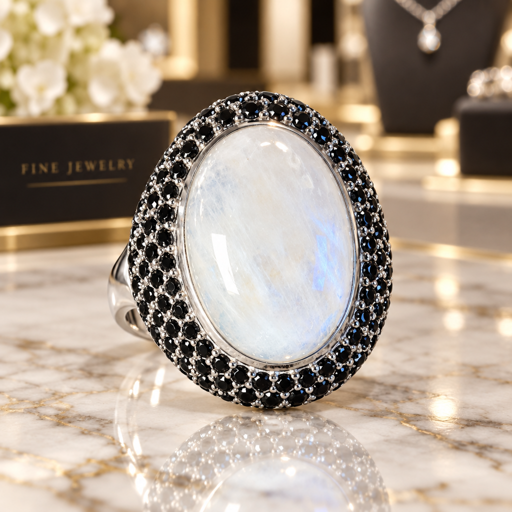 Sterling Silver Moonstone and Black Spinel Ring
