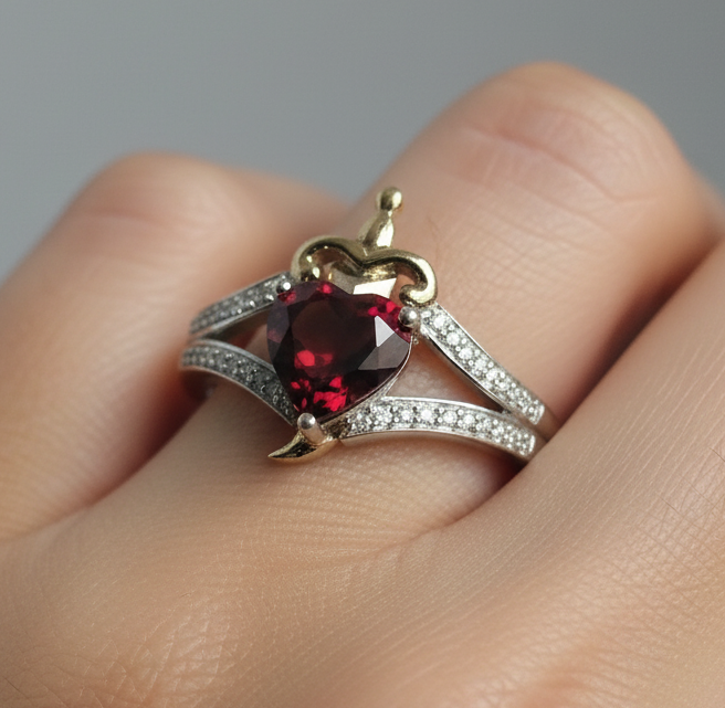 Disney Heart and Dagger Garnet and Diamond Ring