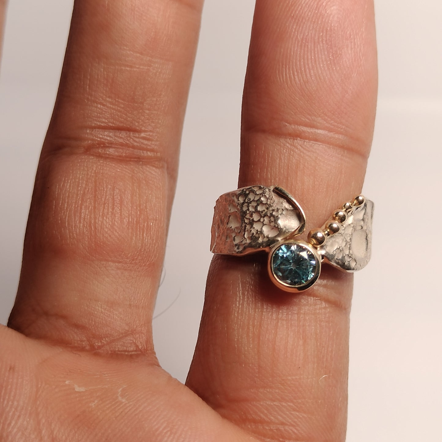 Sterling Silver and 14k Gold Blue Zircon Ring