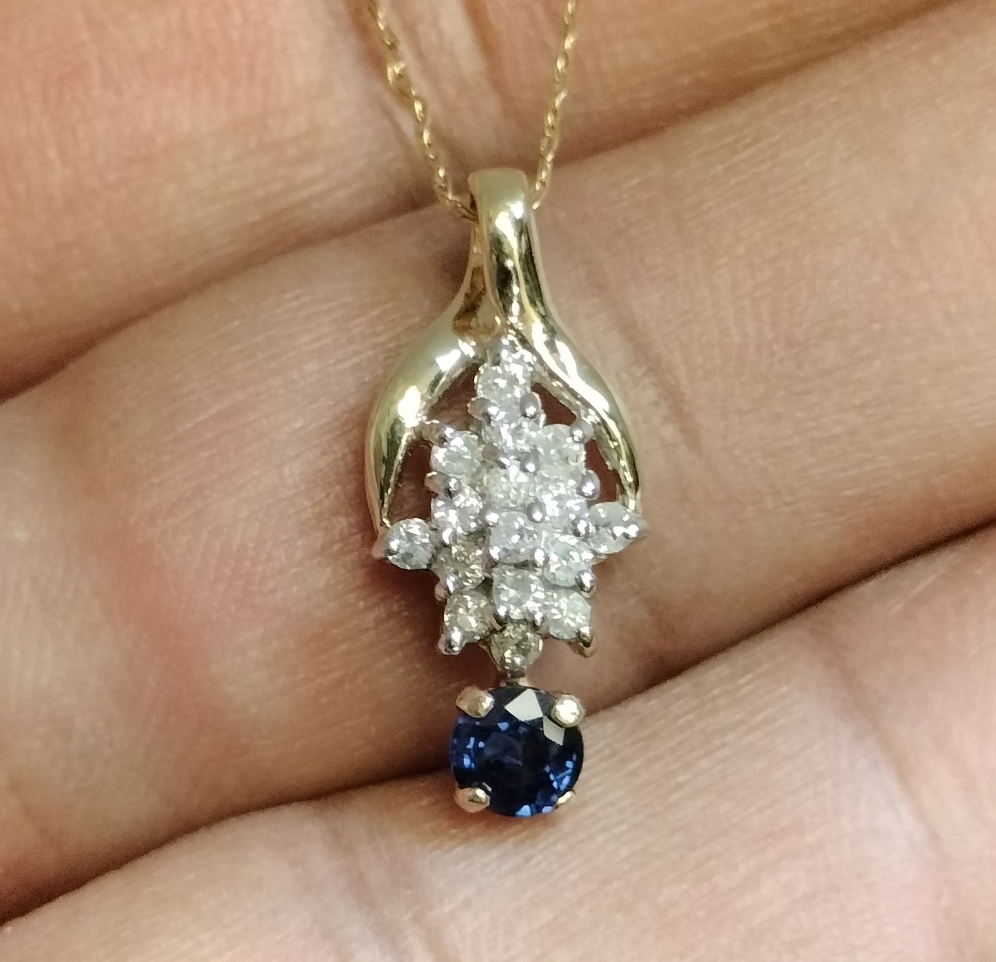 14K Gold Diamond and Sapphire Pendant and Chain