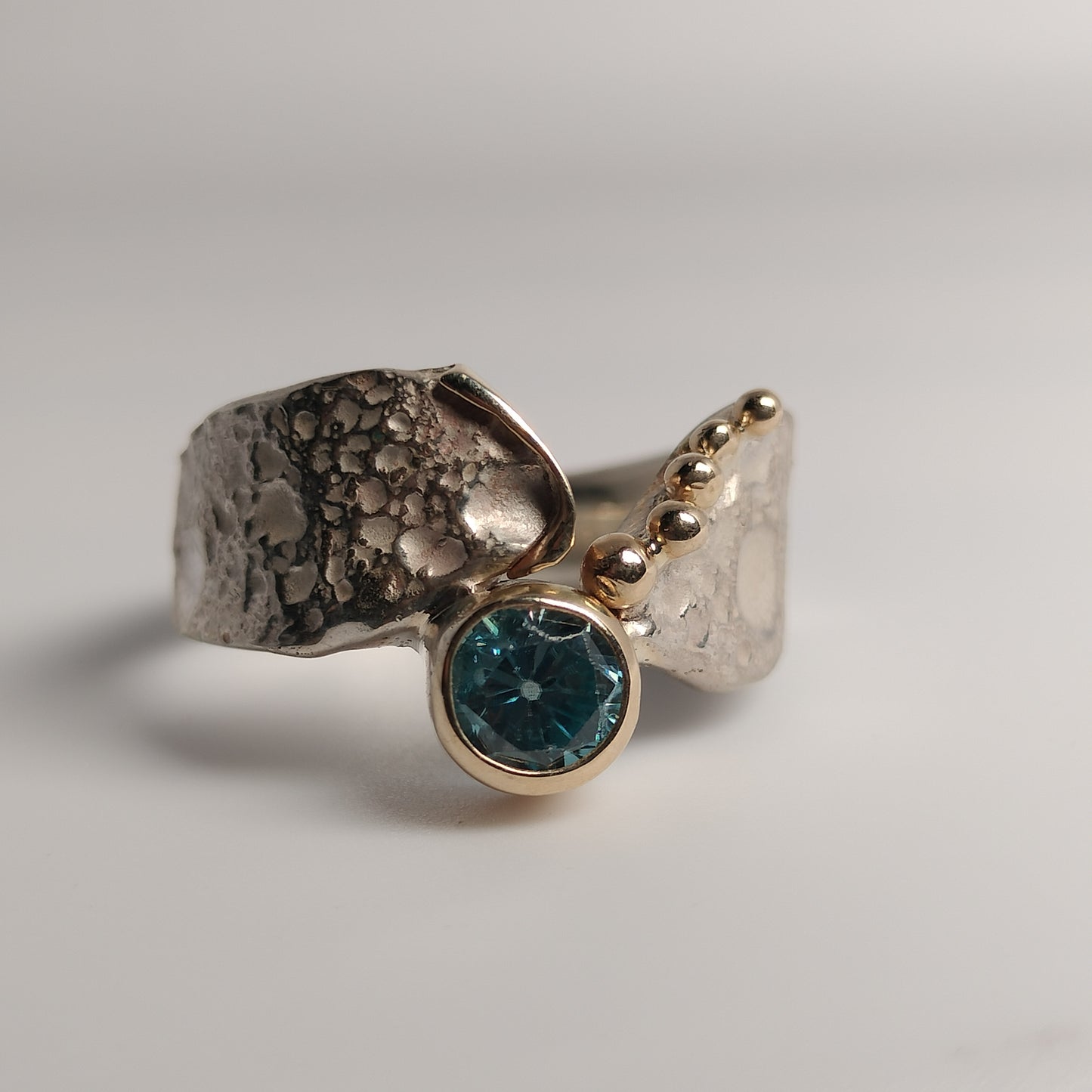Sterling Silver and 14k Gold Blue Zircon Ring