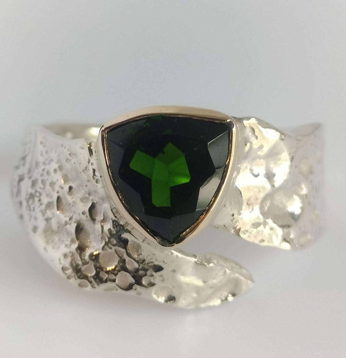 Sterling Silver and 14k Gold chrome Diopside Ring