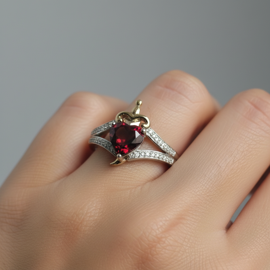 Disney Heart and Dagger Garnet and Diamond Ring
