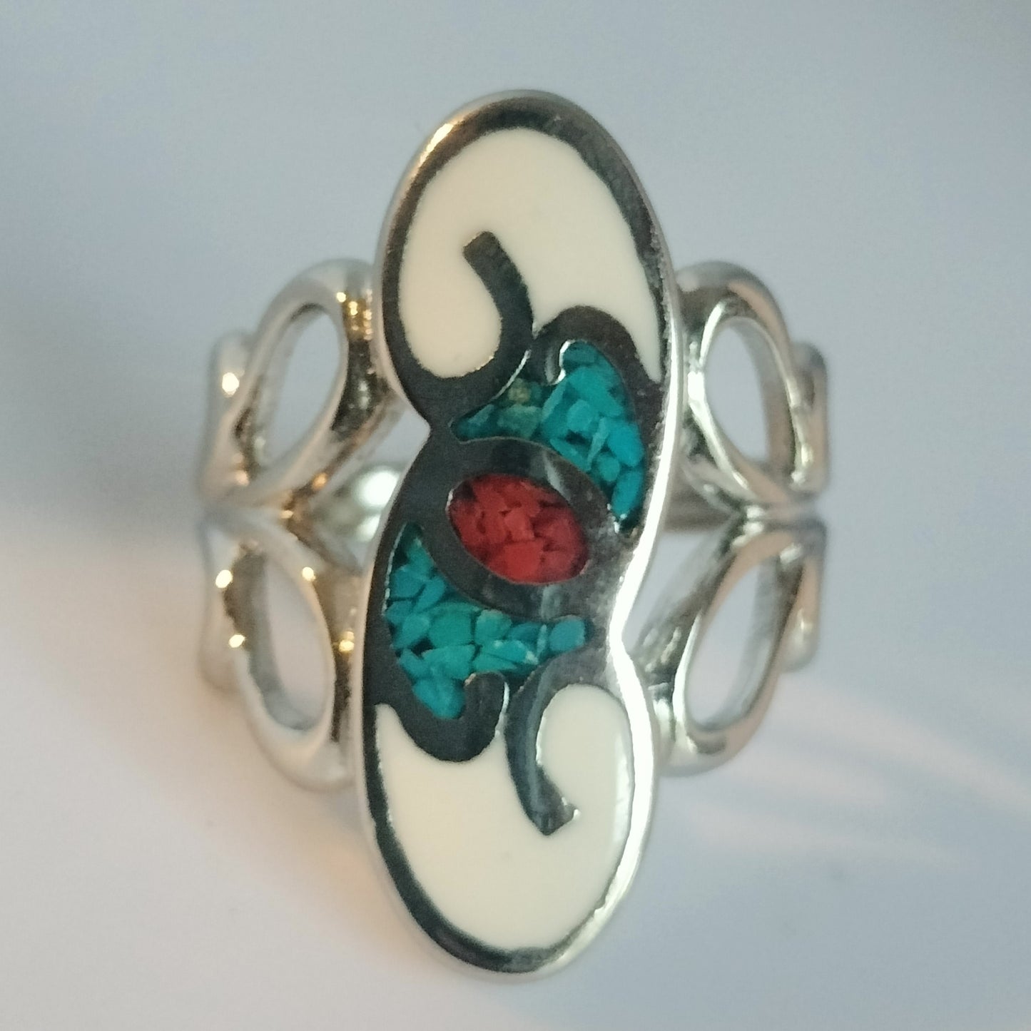 Sterling Silver Coral, Turquoise and Enamel Ring