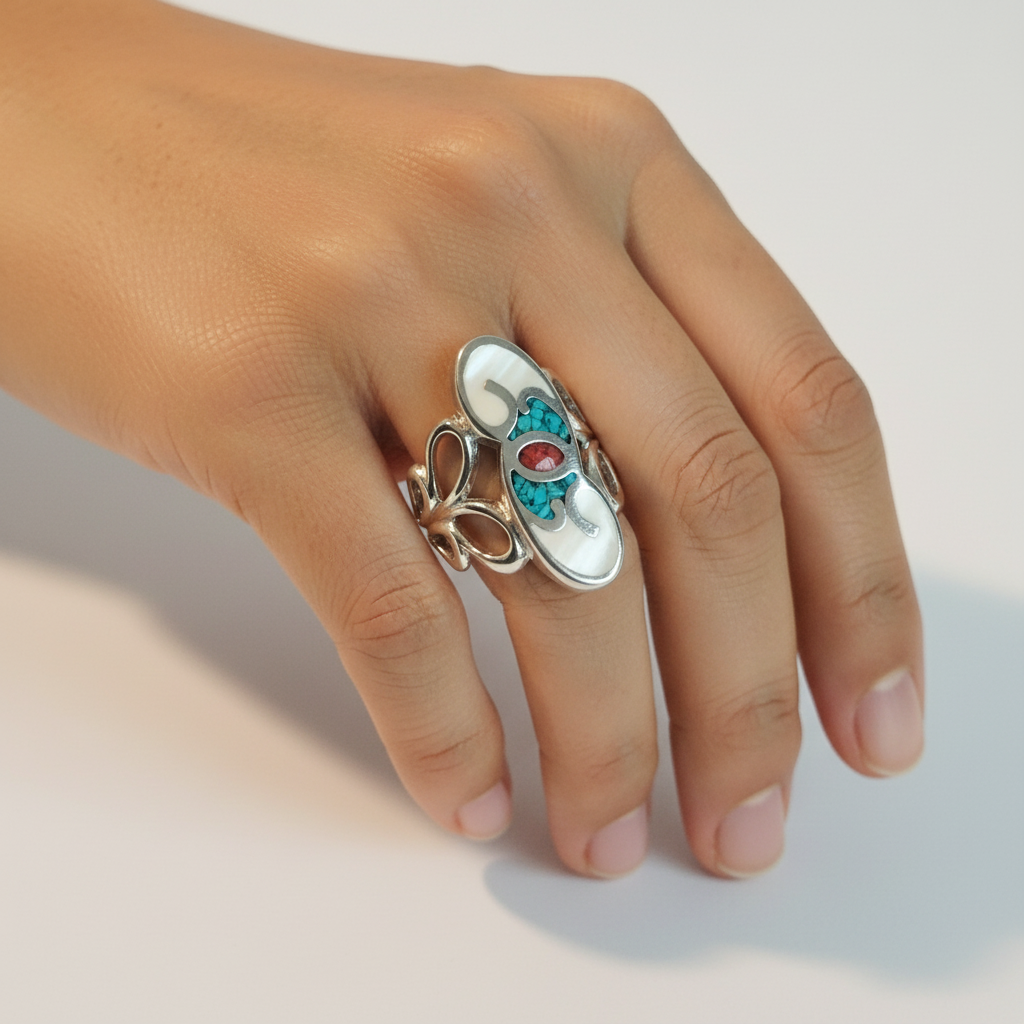 Sterling Silver Coral, Turquoise and Enamel Ring