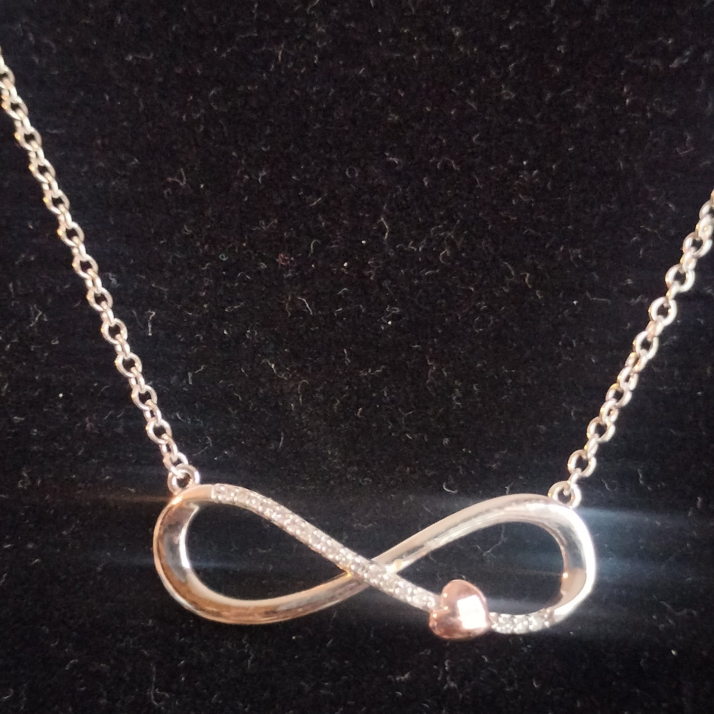 Sterling silver Diamond Infinity Pendant with 10k Rose Gold Heart and Silver Chain